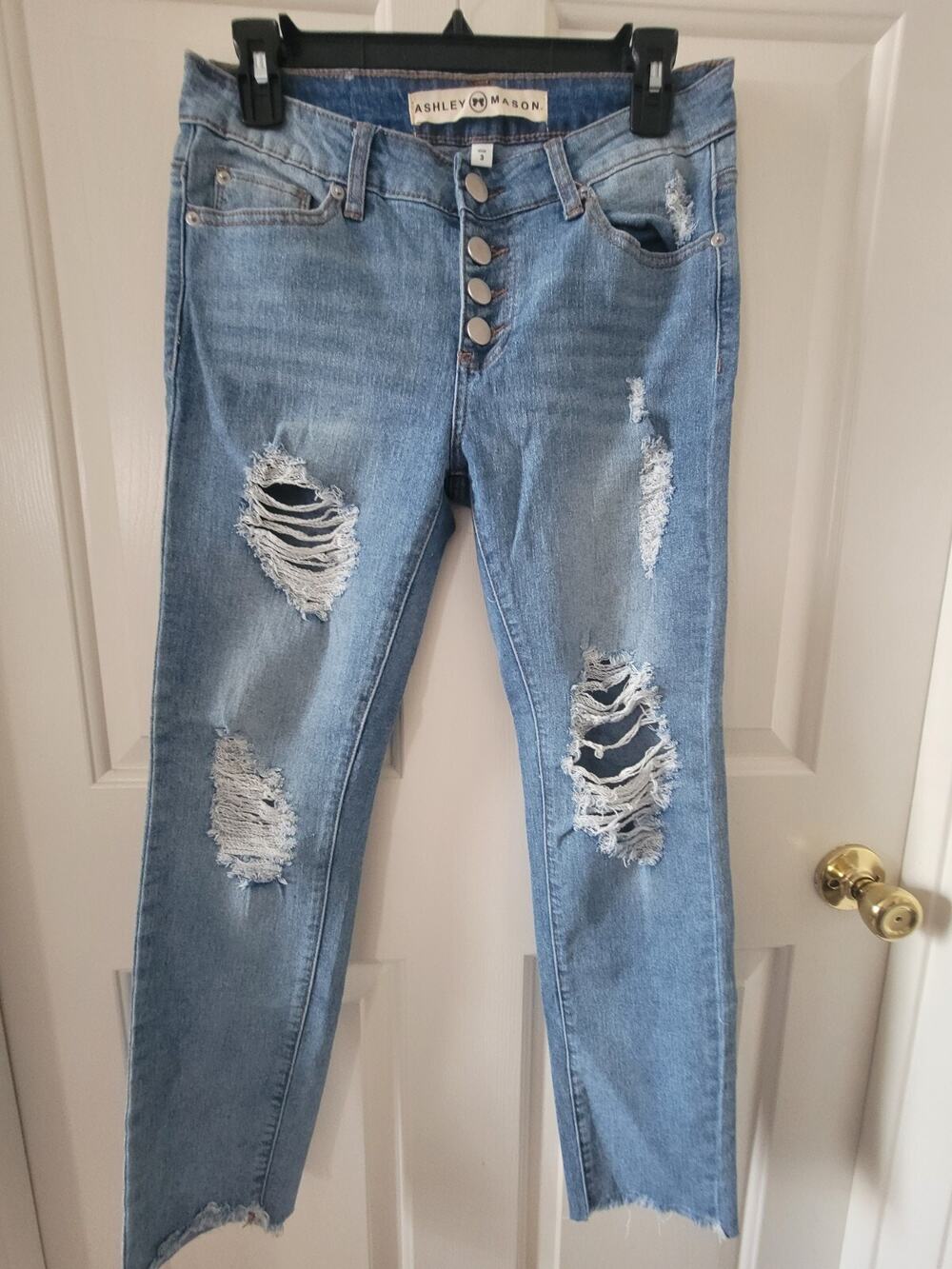 Ashley Mason Jeans Juniors Size 3 Blue Denim Button Fly Distressed Raw Hem Crop